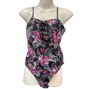 BEBE One Piece Swimsuit Lace Front Hawaiian Floral Size Medium Black/Pink